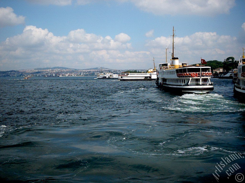 Denizden Eminn sahili, gemiler, limandan ayrlan bir yolcu vapuru, ufukta skdar srtlar ve amlca Tepesi (Ah gzel stanbul`um...).
